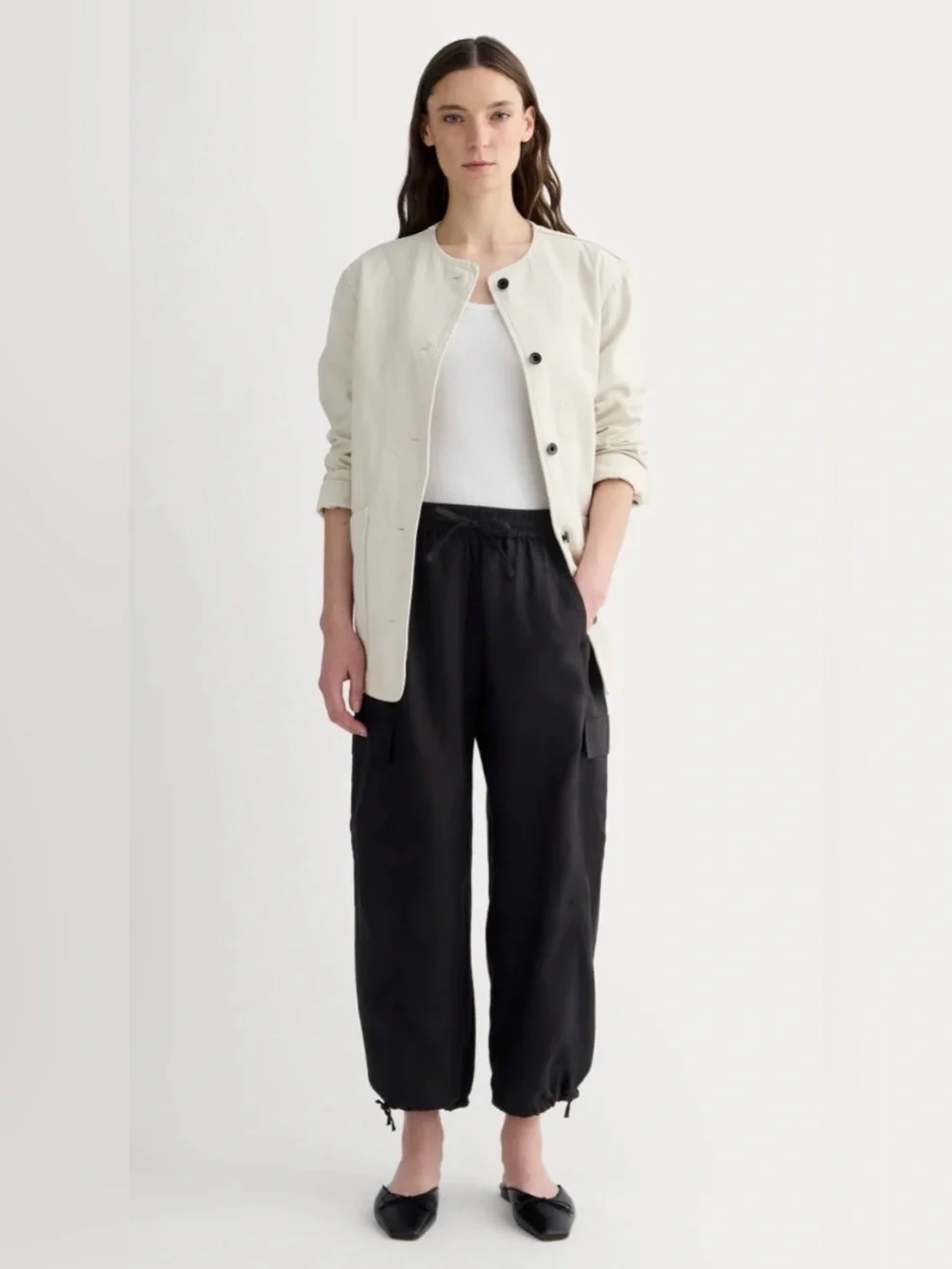 New Everlane THE CARGO CURVE PANT IN LINEN Black Size L